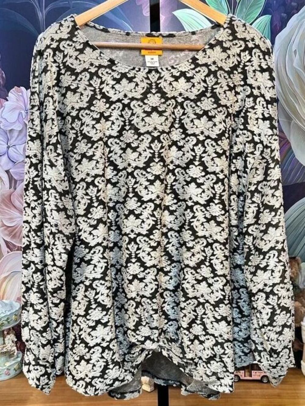 Ruby Rd 3X Black Gray Metallic Damask Ruched Tunic Top Boho Artsy Victorian